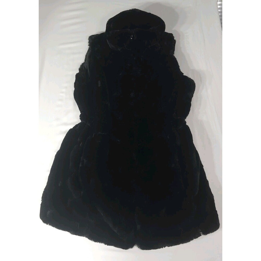 WHITE BLACK Women's Black Faux Fur Zip Vest Lightweight Pockets Mid-Length S
